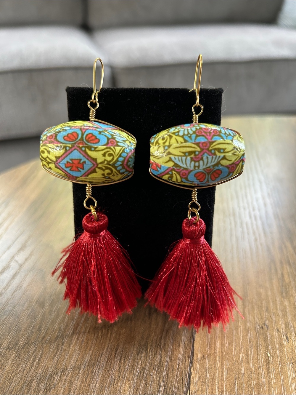 Red Tassel Boho Drop Earrings with Multicolor Patterned Beads